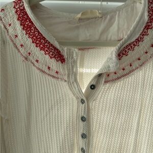 We The Free by Freepeople White Henley Shirt with Red Embroidery Detail